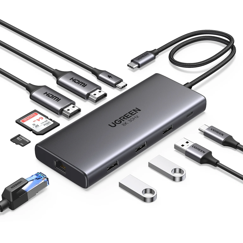 CM639 HUB USB-C 10 en 1 , 2x HDMI , 2x USB C, RJ45 , SD/TF